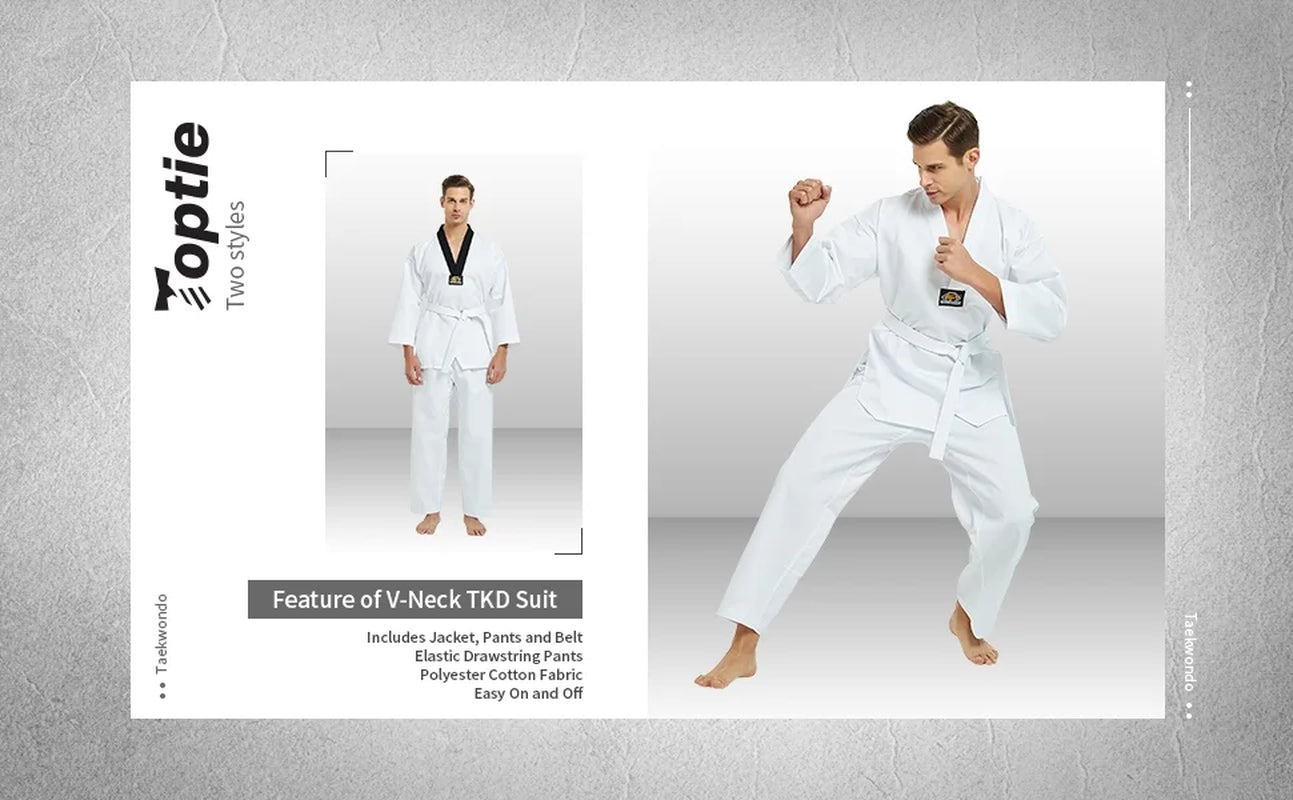 7.5 Oz Taekwondo Dobok - Student TKD Uniform with Belt, White or Black Trim, Size 1