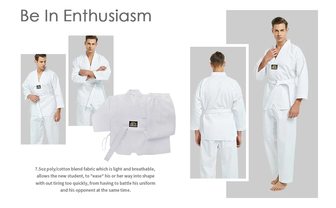 7.5 Oz Taekwondo Dobok - Student TKD Uniform with Belt, White or Black Trim, Size 1