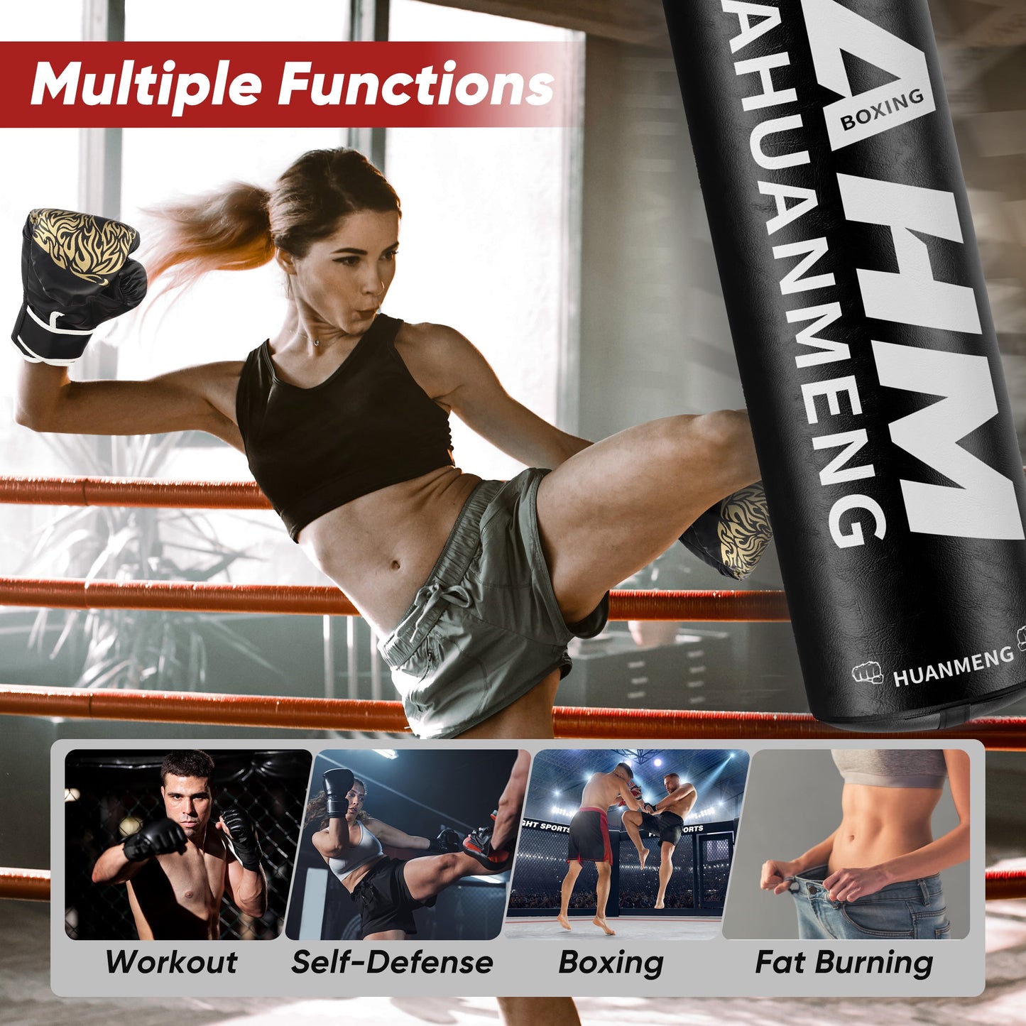4FT PU Heavy Punching Bag Set for Adults with 12oz Gloves - MMA, Kickboxing, Home Gym Training Kit