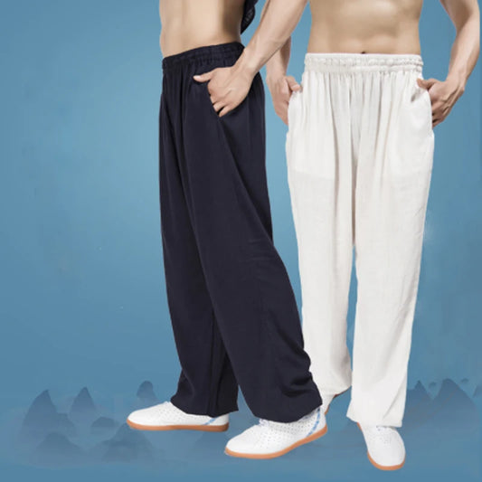 Loose Cotton Linen Tai Chi Bloomers - Men's Kung Fu & Yoga Practice Pants for Martial Arts & Running