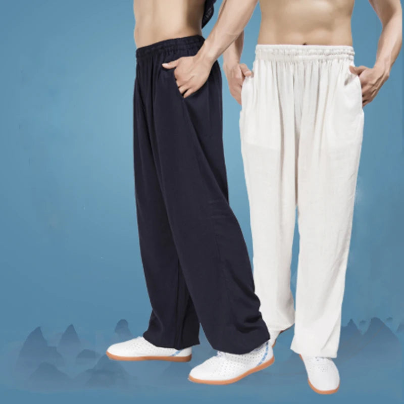 Loose Cotton Linen Tai Chi Bloomers - Men's Kung Fu & Yoga Practice Pants for Martial Arts & Running
