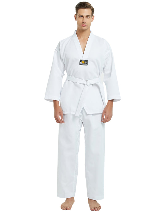 7.5 Oz Taekwondo Dobok - Student TKD Uniform with Belt, White or Black Trim, Size 1