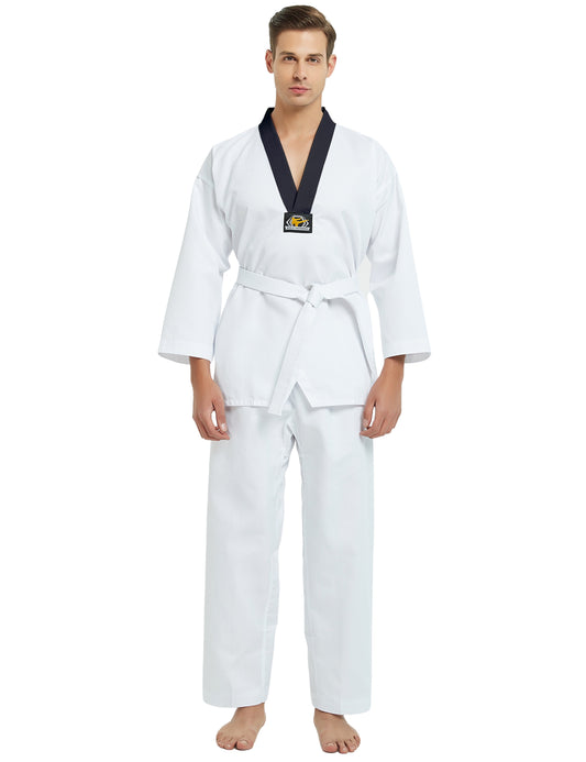7.5 Oz Taekwondo Dobok - Student TKD Uniform with Belt, White or Black Trim, Size 1