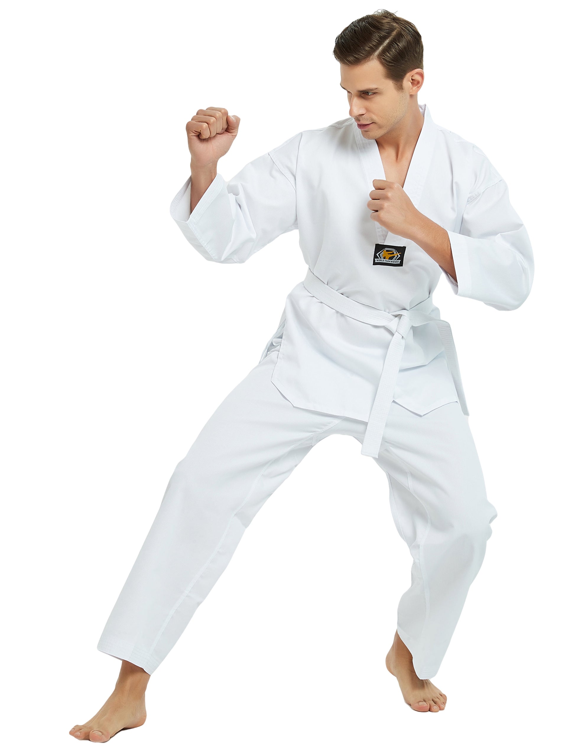 7.5 Oz Taekwondo Dobok - Student TKD Uniform with Belt, White or Black Trim, Size 1