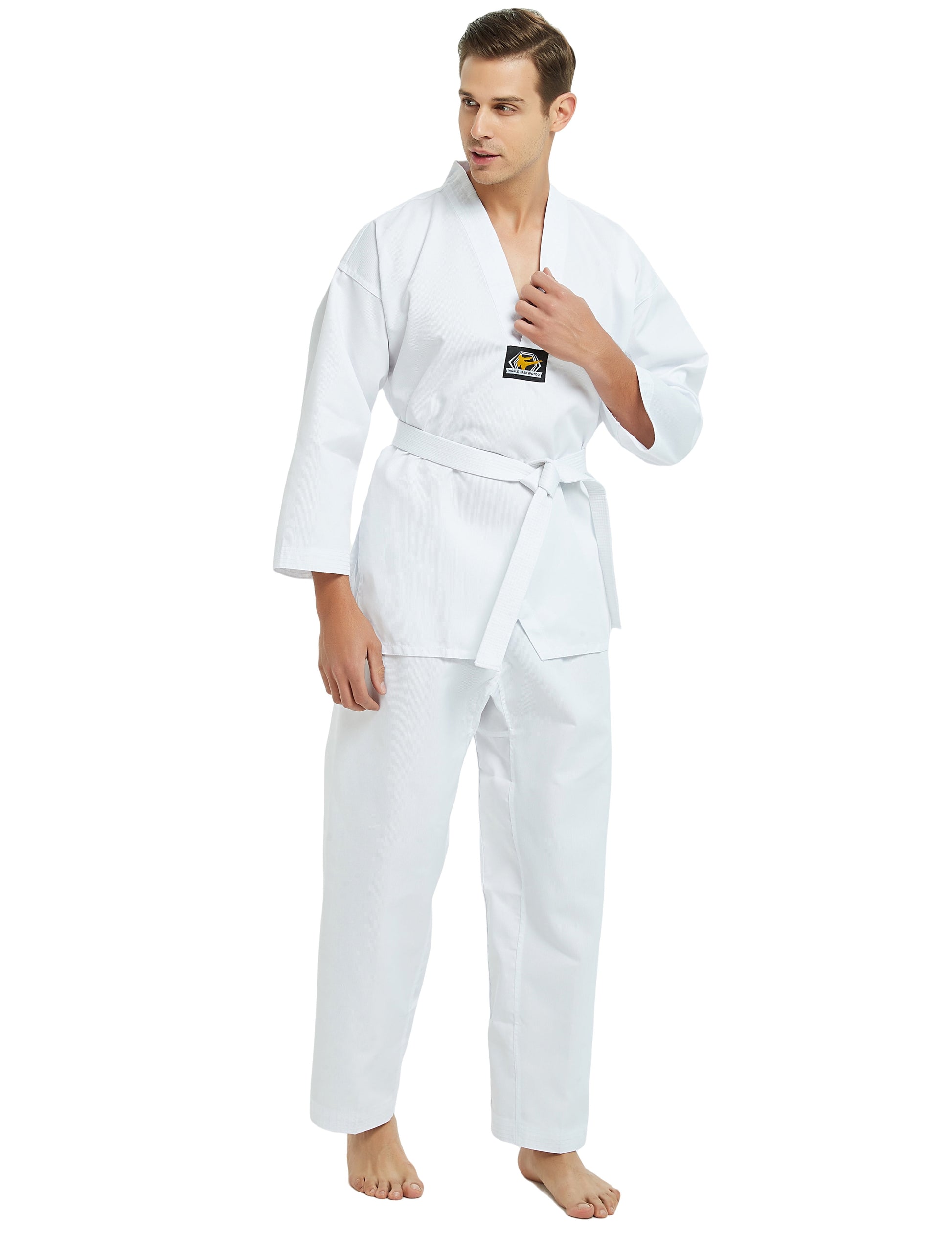 7.5 Oz Taekwondo Dobok - Student TKD Uniform with Belt, White or Black Trim, Size 1
