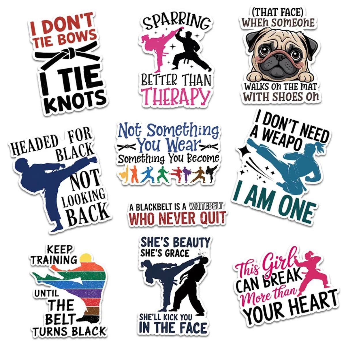 10 Martial Arts Stickers - Karate & Taekwondo Vinyl Decals, Black Belt Quotes, Fighter Girl Motivation
